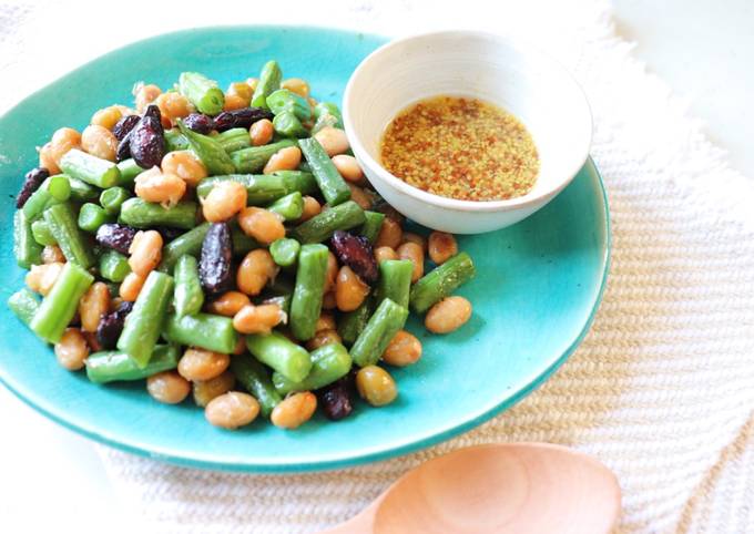 A picture of Japanese vegetable dish, hot salad with beans and soy boiled with rice vinegar.