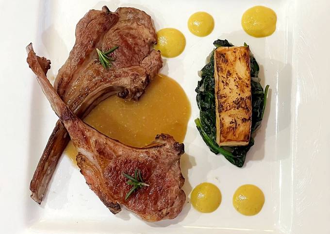 A picture of Lamb chop with Corn puree, celeriac fondant, spinach and mushroom sauce.