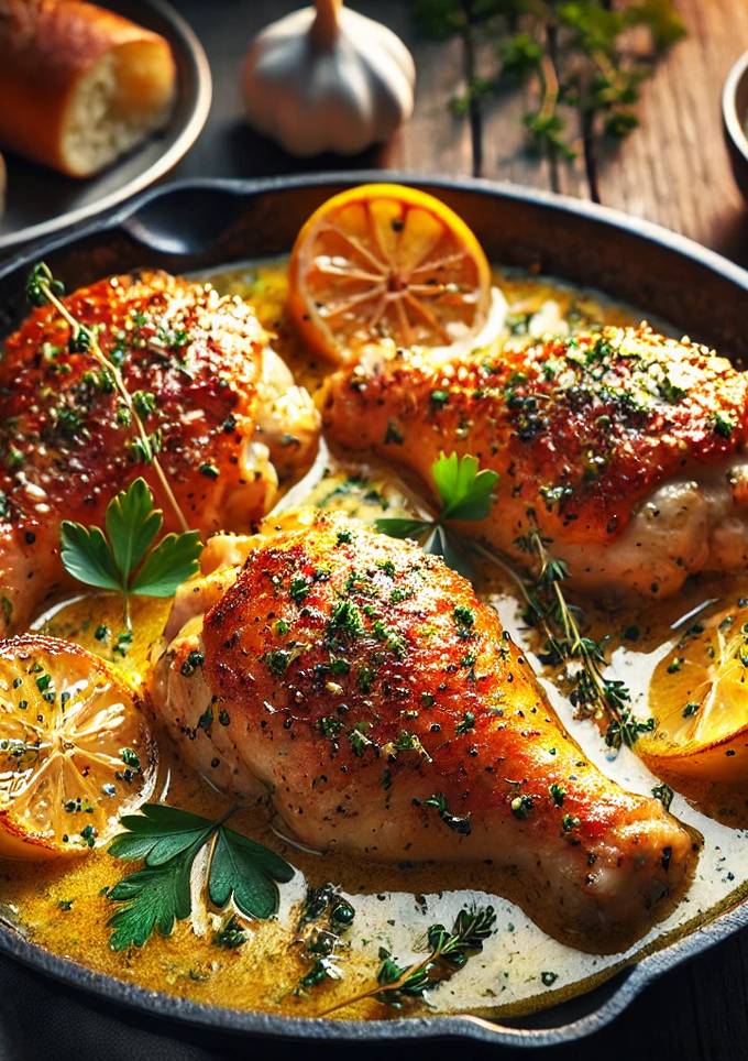 A picture of Garlic Butter Chicken with Lemon Herb Sauce.