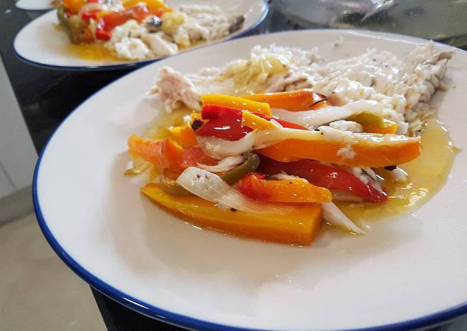 A picture of One-pot roasted fish and vegetables.