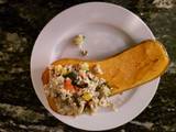 A picture of Butternut Squash with Ground Chicken, Vegetables and Rice.