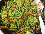 A picture of Pan fried broccoli and fresh beans.