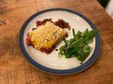 A picture of Seasonal vegetable pie with pumpkin mash and West Country cheddar crumb.