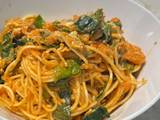 A picture of #CookEveryPart Stir-fry noodles with leek tops and spring greens.