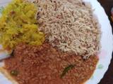 A picture of Minced pilau with peanut flavoured minced meat stew and cabbage.