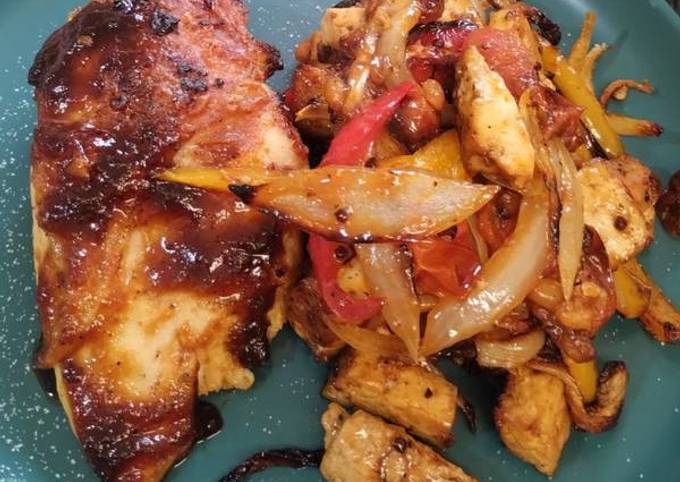 A picture of Teriyaki tofu with cherry tomatoes. Airfyer.