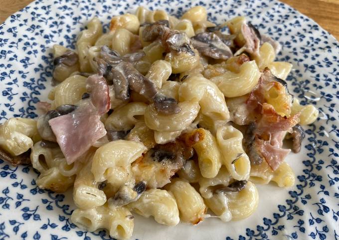 A picture of Mushroom and ham pasta bake.