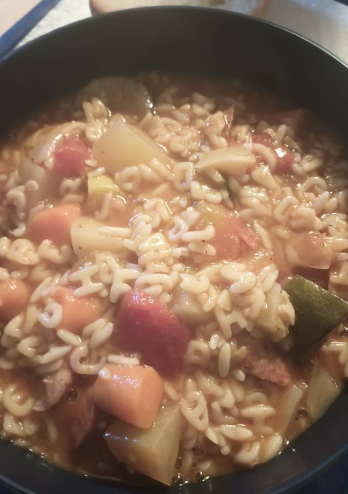 A picture of Roasted Vegetables, Alphabet, and Sausage Soup.