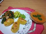 A picture of Baked potato croquettes with pumkin/carrot/tomato soup.