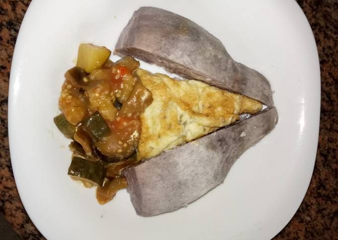 A picture of Breakfast arrowroot, eggplants curryfriedegg #favoriteEasterDis.