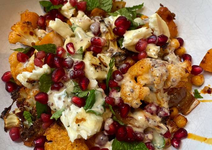 A picture of Harissa roasted squash and cauliflower salad.