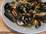 A picture of Mussels with leeks, white whine and Greek oregano!.