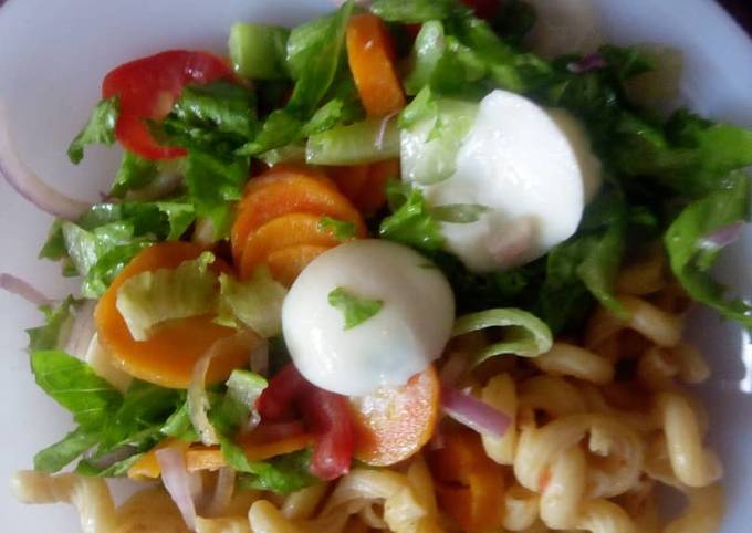 A picture of Pasta twist with Vegetable salad.