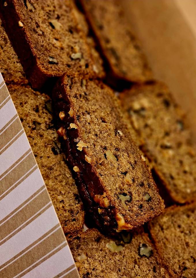 A picture of Banana loaf with walnut.