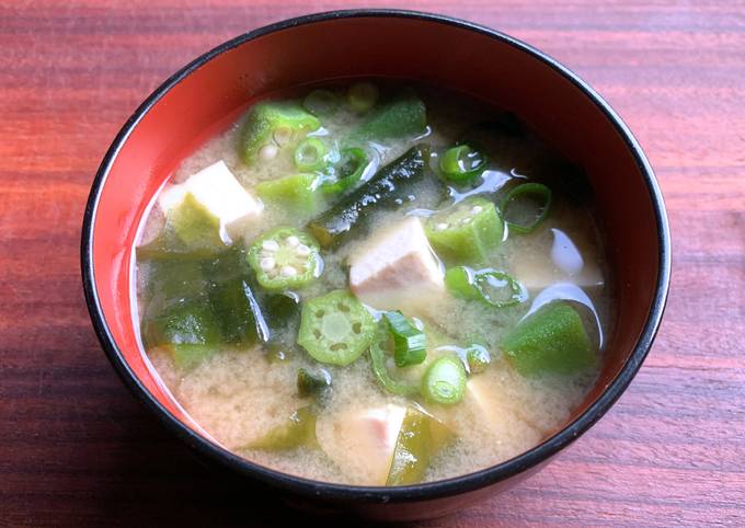 A picture of Okra, Tofu & Wakame Miso Soup.