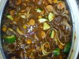 A picture of Mince meat with vegetables.