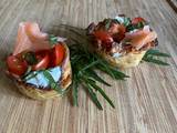 A picture of 'Tato Pots with Sinodun Hill, Soused Tomatoes and Smoked Salmon.