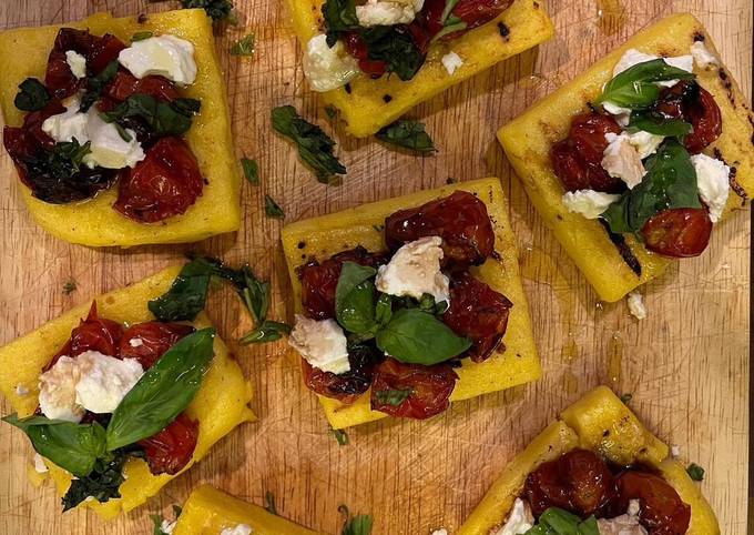 A picture of Grilled Polenta, Goat Cheese & Caramelised Cherry Tomatoes.