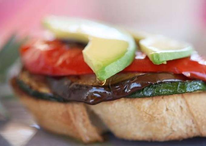 A picture of Roasted vegetable open toasted sandwich.