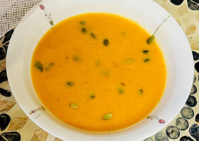 A picture of Pumpkin Soup with Roasted Vegetables.