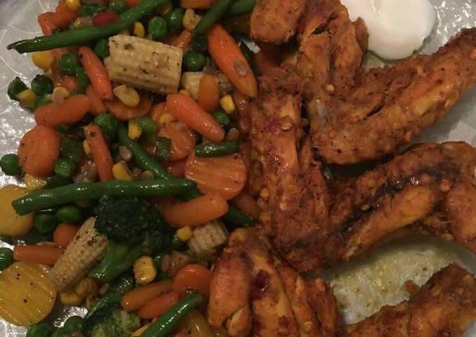 A picture of Baked Wings & Mix Vegetables.