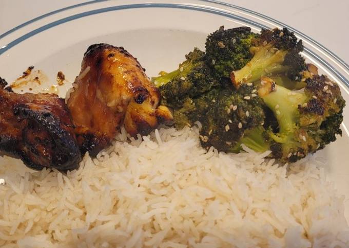 A picture of Air Fryer Honey and Soy Chicken with Seasame Broccoli.