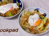 A picture of Japanese Stir-fried Vegetables topped with Poached Egg.