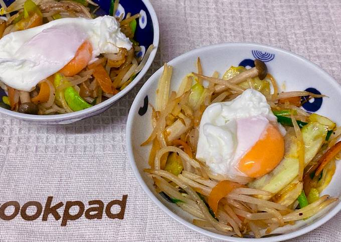 A picture of Japanese Stir-fried Vegetables topped with Poached Egg.