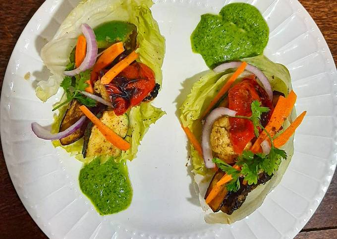 A picture of Grilled vegetable lettuce pockets.