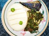 A picture of Pounded yam with vegetable sauce.