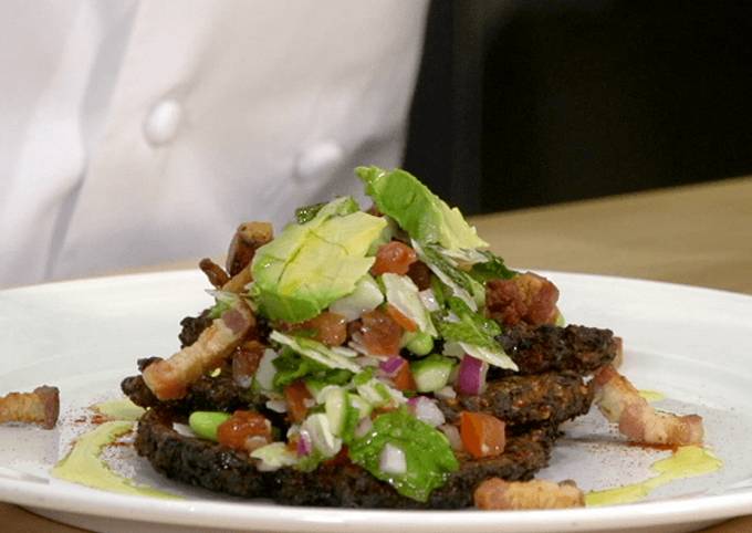 A picture of Quinoa-Kale pancakes with vegetable relish recipe.