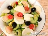 A picture of Cucumber Salad with Avocado, Shrimp and Mozzarella.