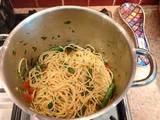 A picture of Spaghetti with chilli, parsley, tomato & french beans (alio Olio).