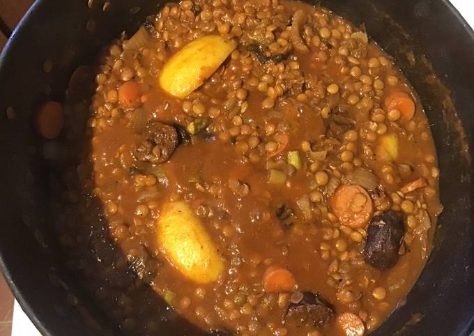 A picture of California Farm Mirepois Lentil Dinner Soup.