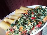 A picture of Boiled plantain and vegetable egg sauce.