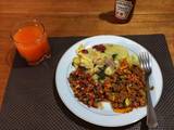 A picture of Beef Stew,Fried Potatoes and Tomato Onion Salad(Kachumbari).