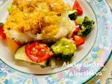 A picture of Haddock with vegetables and crispy lemon crust.