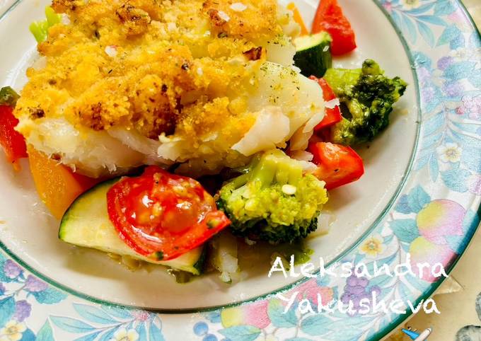 A picture of Haddock with vegetables and crispy lemon crust.