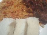 A picture of Ugali, cabbage and wet fry beef.