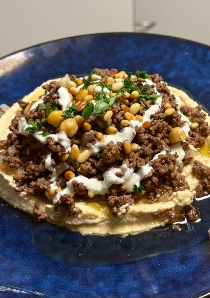 A picture of Hummus Bil Lahme (Lebanese Hummus & Spiced Beef with Whipped Feta).