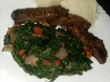 A picture of Grilled Liver, Kunde Veggies Served with Ugali #CharityRecipe.