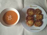 A picture of Potato patties with tomato soup. #allstarsrecipecontest.