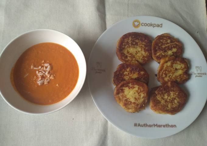 A picture of Potato patties with tomato soup. #allstarsrecipecontest.