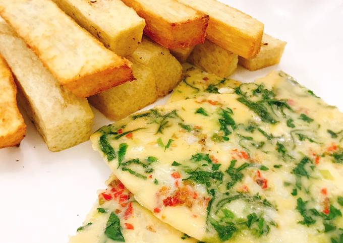 A picture of Vegetable omelette and fried yam.