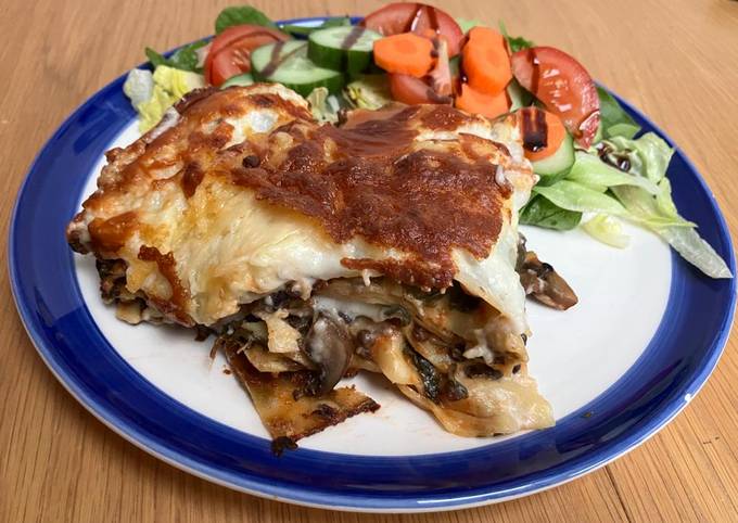 A picture of Lentil, spinach & mushroom veggie lasagne.