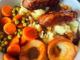 A picture of Sausage, mash, veg & Yorkshires feed 4 for £4.