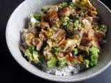 A picture of Broccoli, Pork & Egg Rice Bowl.