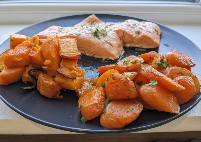 A picture of Buttery Salmon with Sweet Potatoes and Carrots.