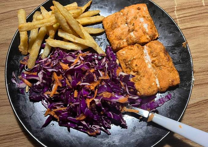 A picture of Baked salmon with chilli lime slaw.