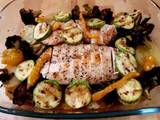 A picture of Grilled Chicken with roasted vegetables.